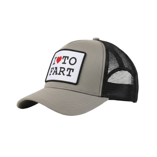 Beige and black Silly Goose cap with 'I ❤️ to fart' patch on a white background