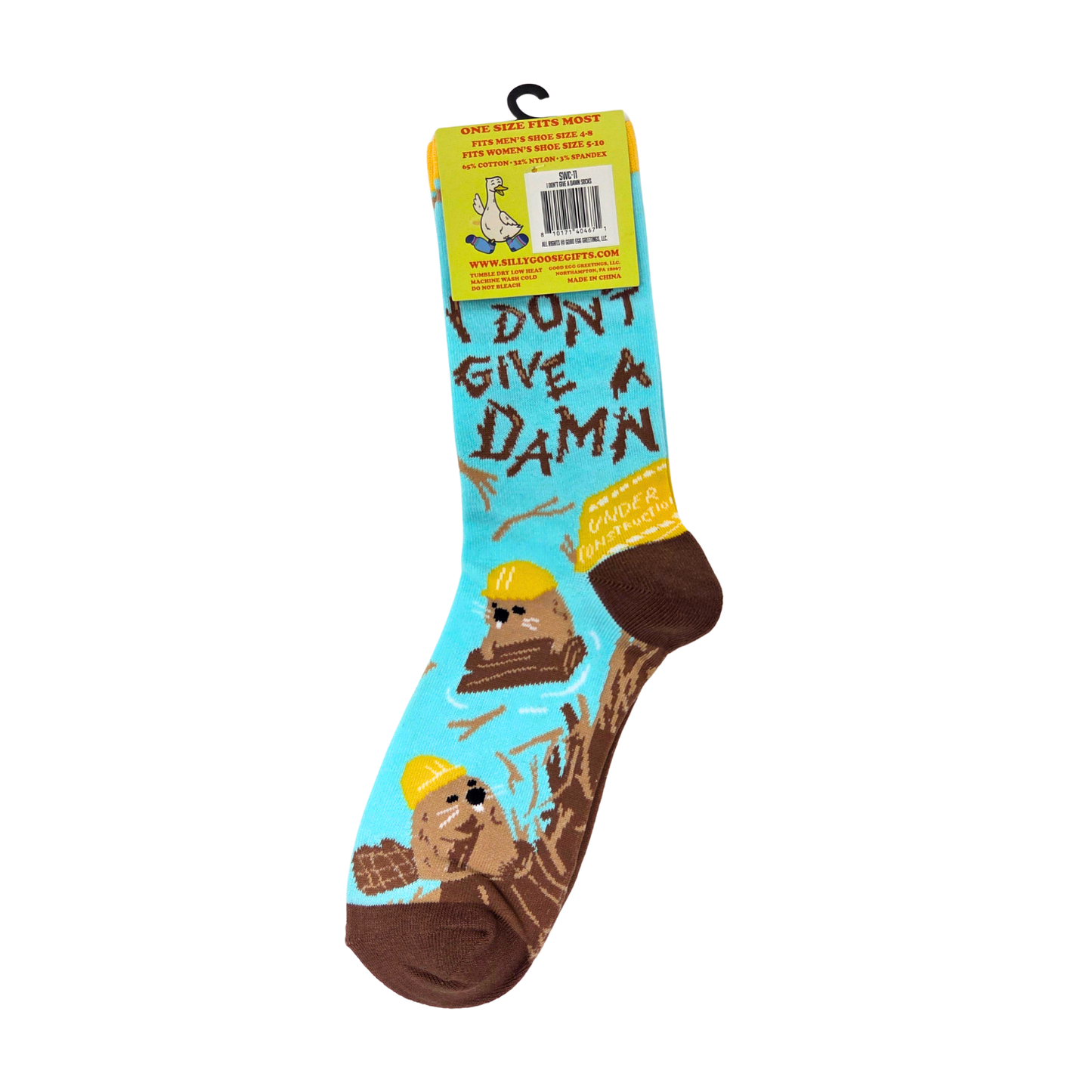Silly Goose Sock with graphic design and text 'I Don't Give a Damn' on a white background