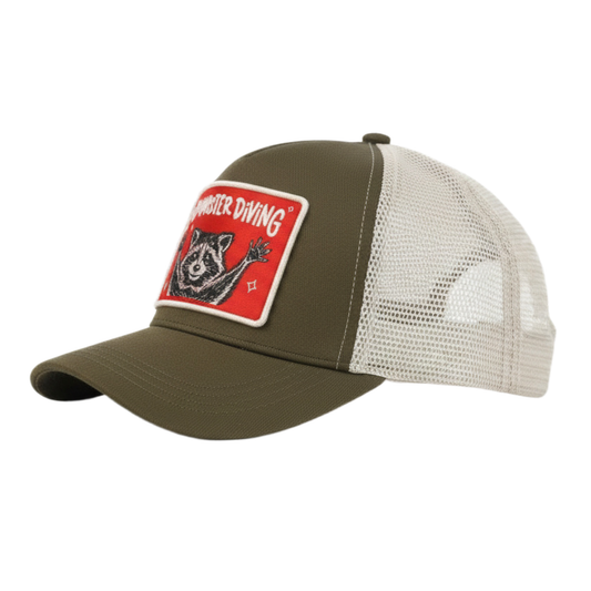 Green and white Silly Goose cap with a red patch featuring a raccoon and text on a white background