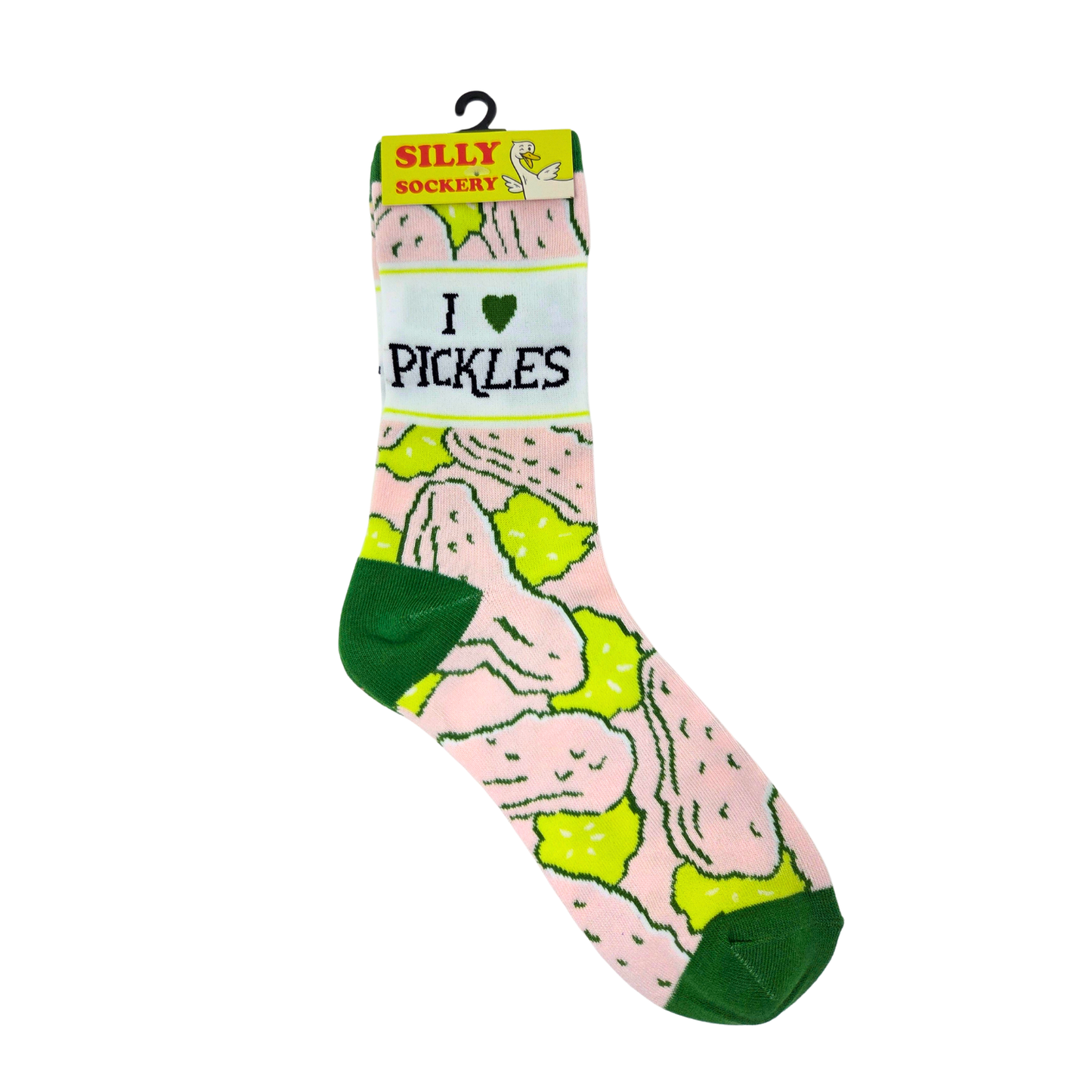 Silly Goose Sock with pickle pattern and 'I ❤️ Pickles' text on a white background