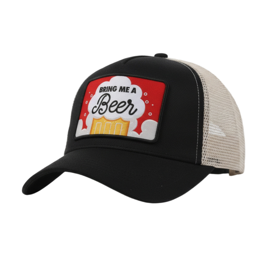 Black and beige Silly Goose cap with 'Bring Me a Beer' patch on a white background