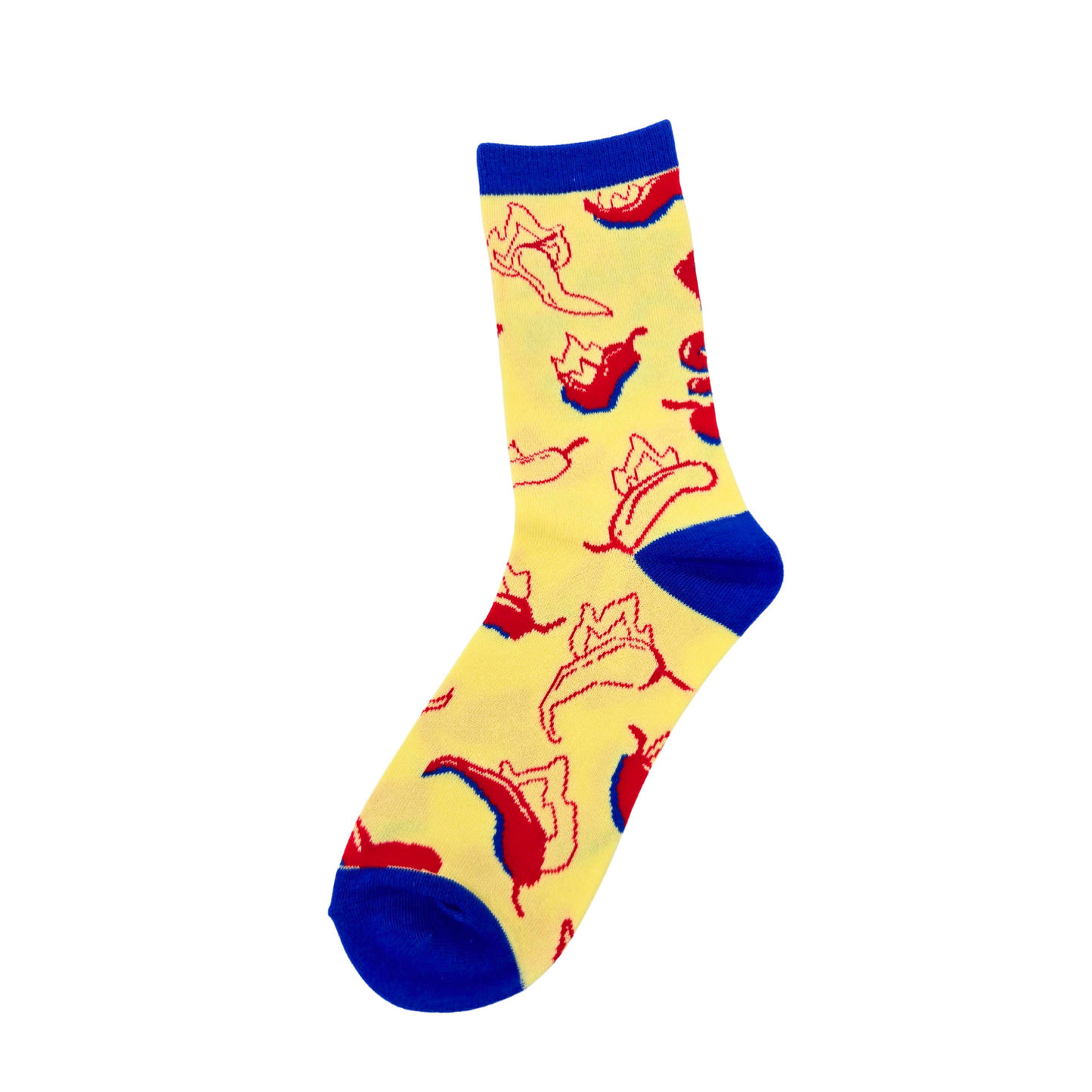 Silly Goose Colorful sock with red and blue patterns on a yellow background