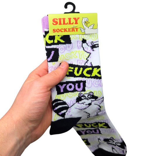 Fuck You Chubby Raccoon Middle Finger Socks - Silly Sockery