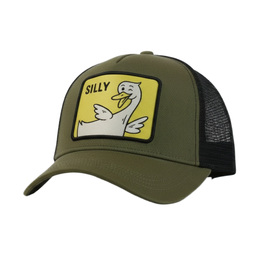 Green and black Silly Goose cap with a cartoon duck and 'SILLY' text on a white background