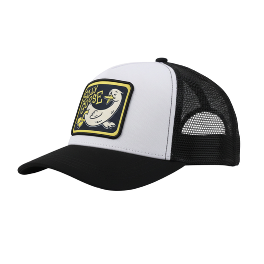 Black and white Silly Goose cap with a yellow and blue patch on a white background