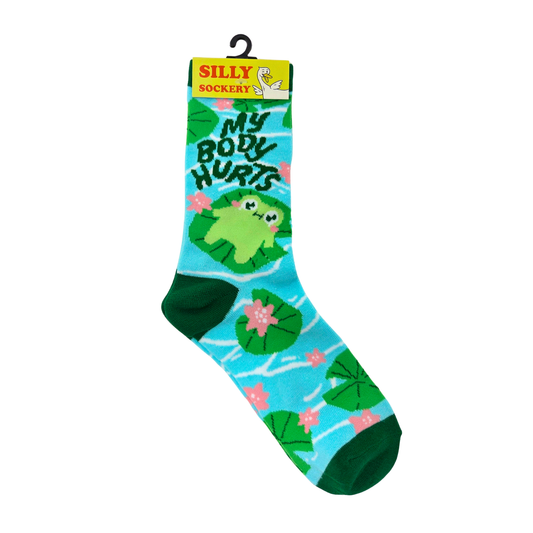 Silly Goose Sock with frog design and 'My Body Hurts' text on a white background