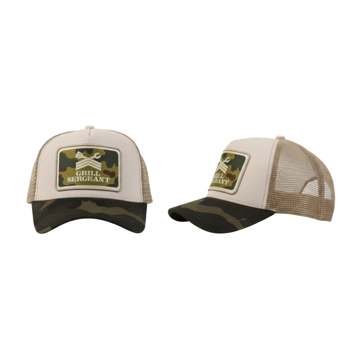 Two Silly Goose trucker hats with a 'Grill Sergeant' patch on a white background