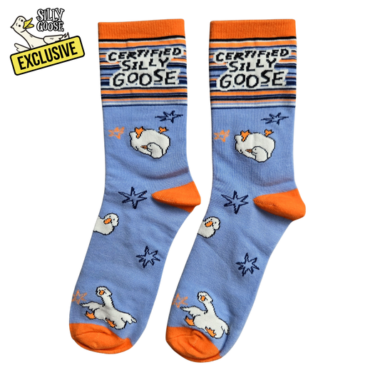 Pair of Silly Goose socks with 'Certified Silly Goose' design on a white background