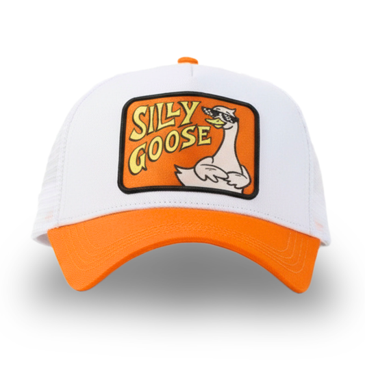White and orange Silly Goose cap with 'Silly Goose' logo on a white background