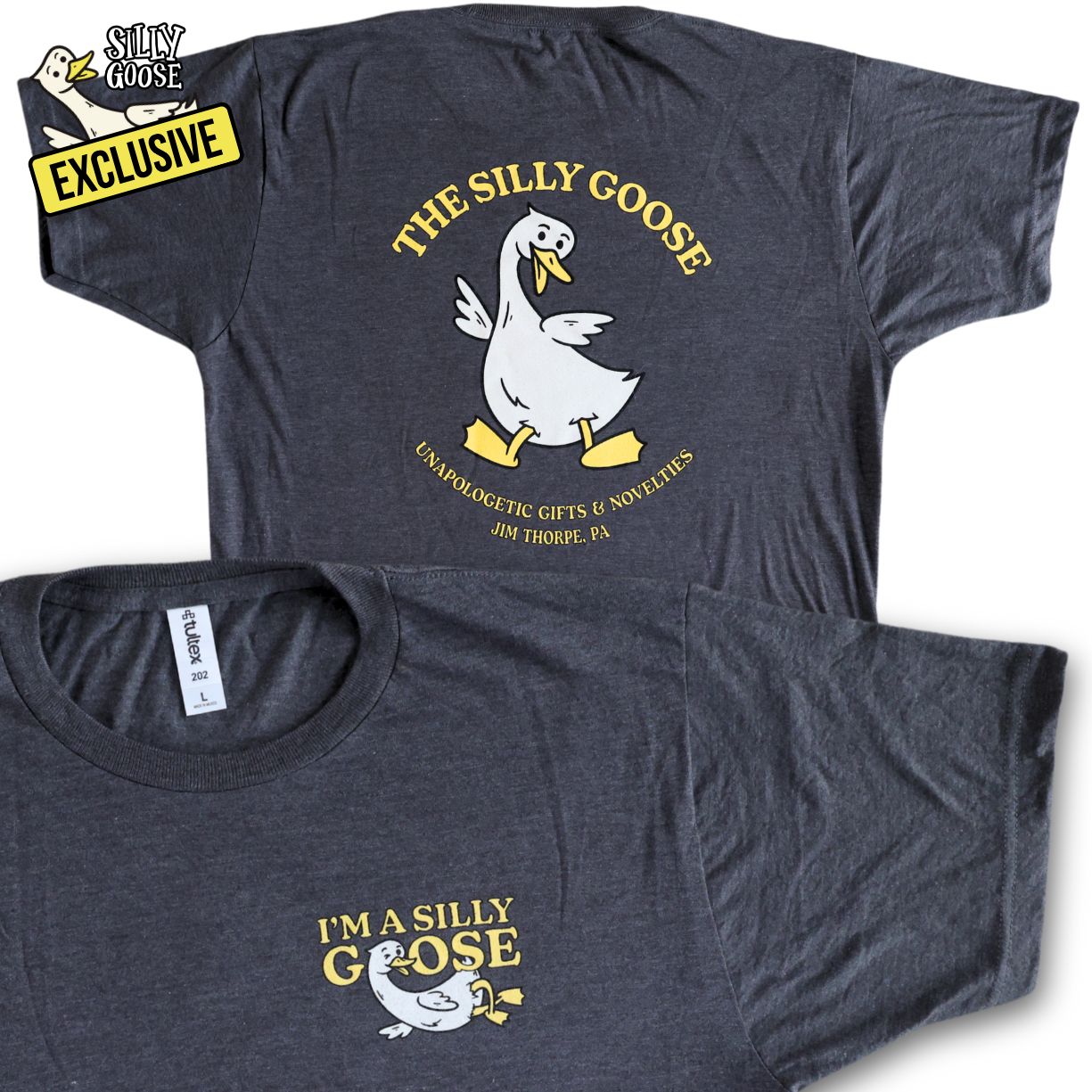 Gray t-shirt with 'The Silly Goose' logo and text on a white background