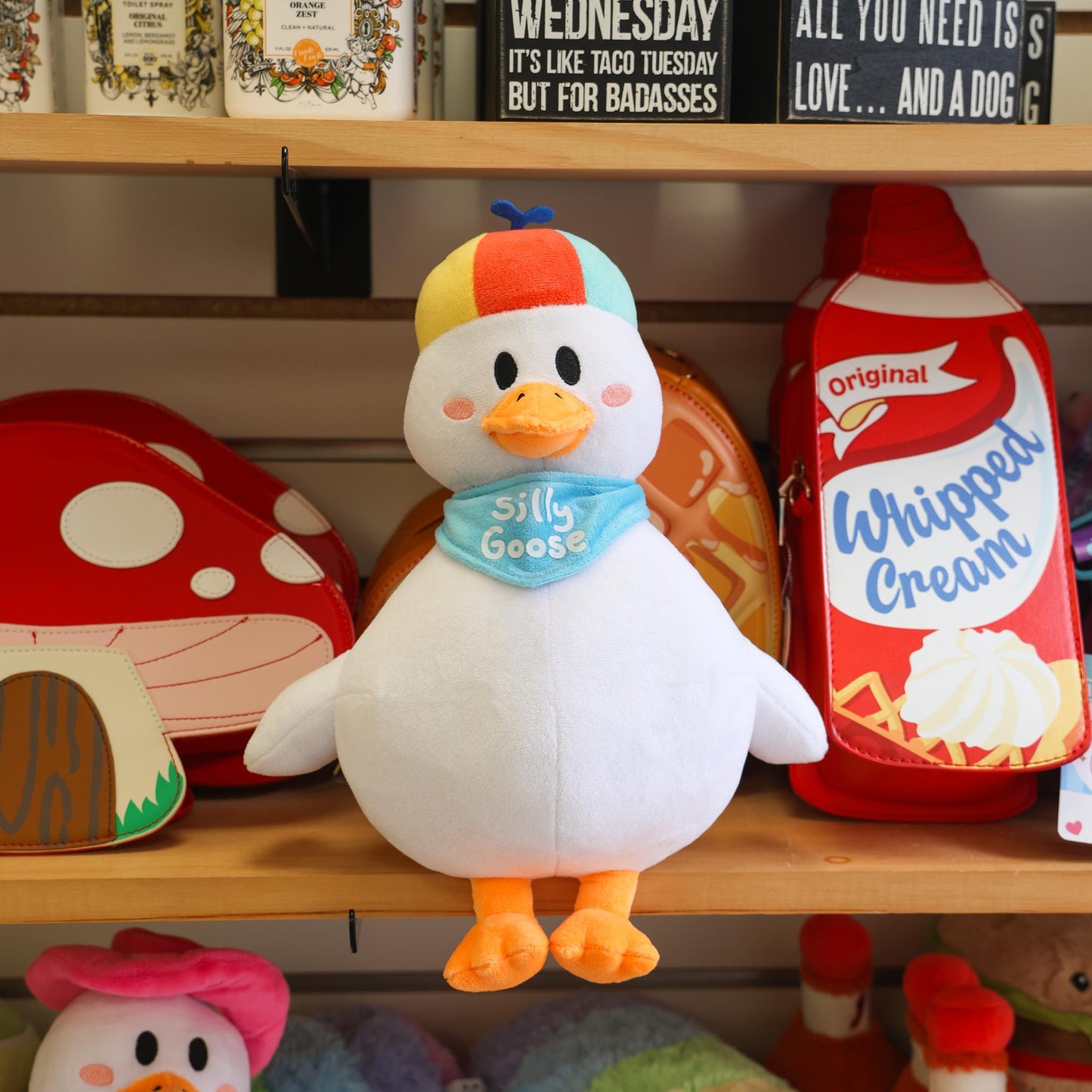 Plush toy goose with colorful hat on a shelf with various items