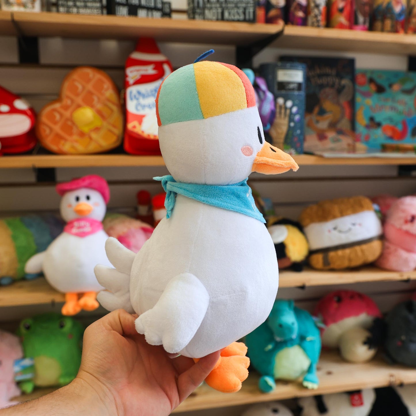 Colorful plush goose held in front of a shelf with various toys and books