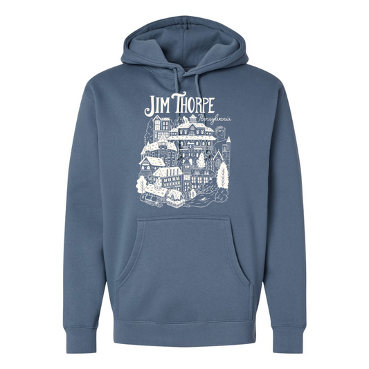 Blue Silly Goose hoodie with 'Jim Thorpe' graphic design on a white background