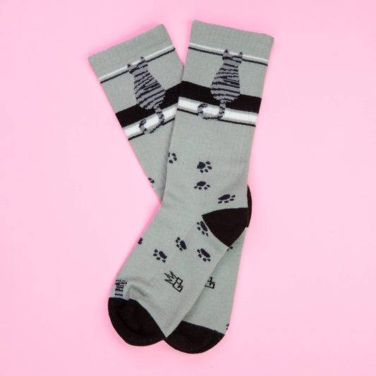 Sitting Gray Tabby Cat Gym Crew Socks