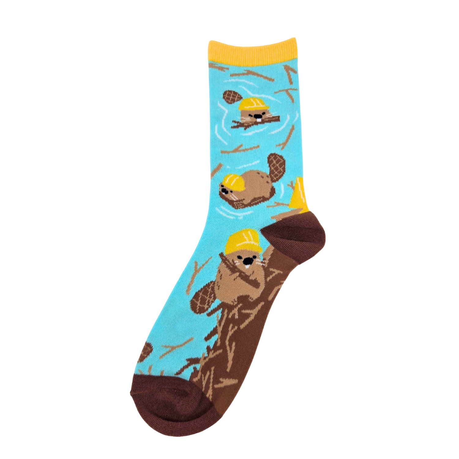 Silly Goose Sock with otter pattern and yellow accents on a white background