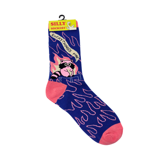 Everything’s Fine Dumpster Fire Raccoon Socks - Silly Sockery