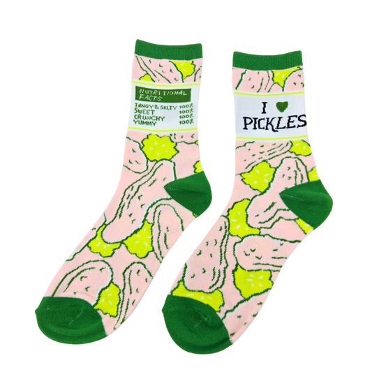 Silly Goose Two socks with pickle pattern and text on a white background
