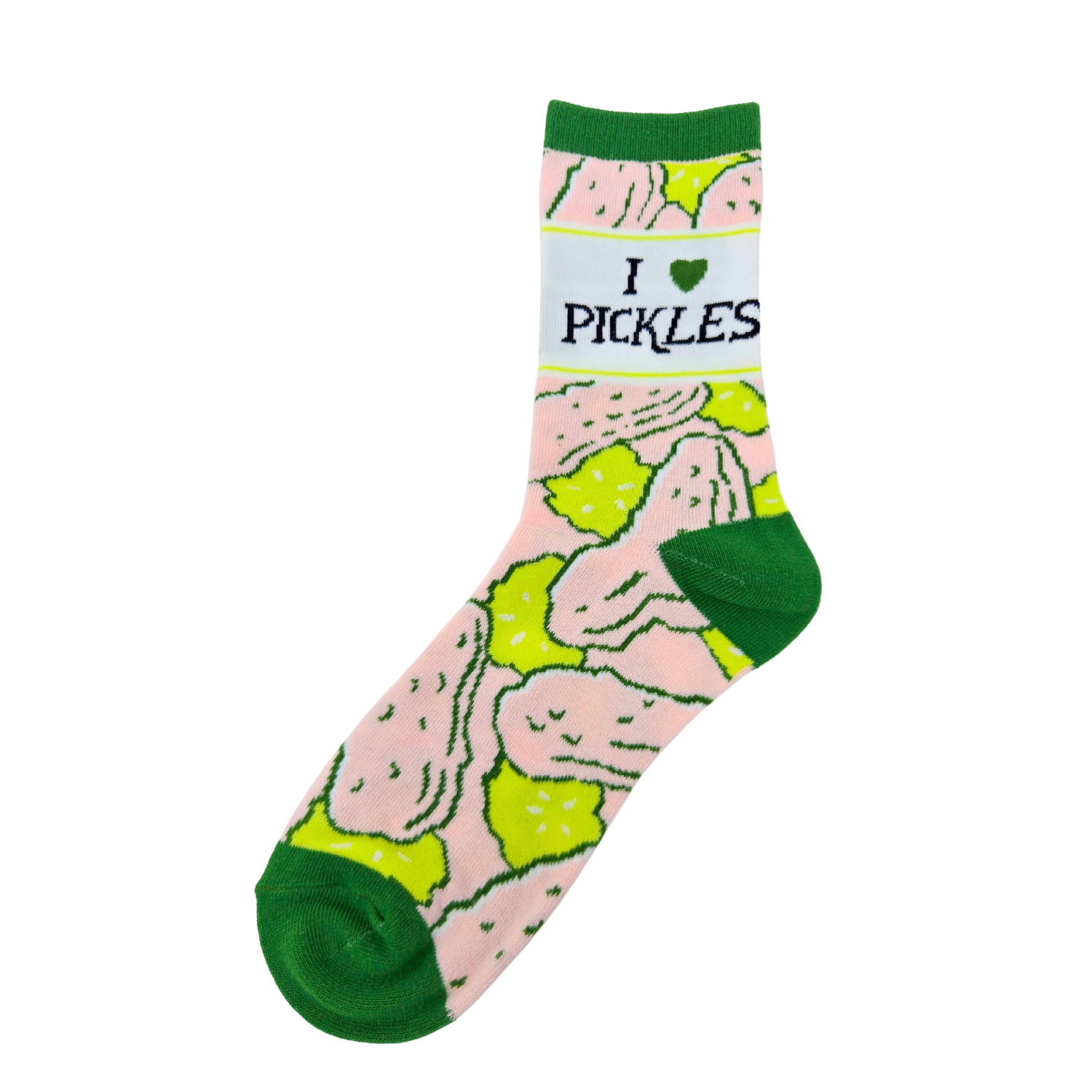 Silly Goose Sock with pickle design and text 'I ❤️ Pickles' on a white background