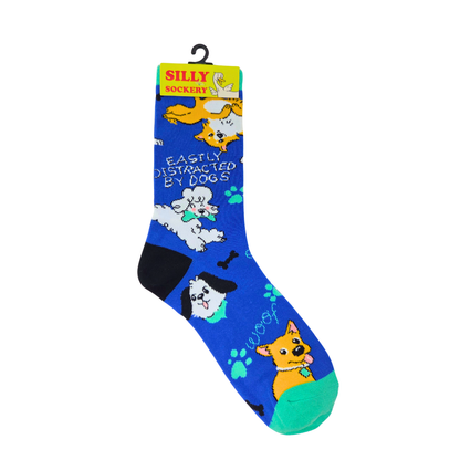 Silly Goose Silly Sockery dog-themed sock with cartoon dogs and text on a blue background