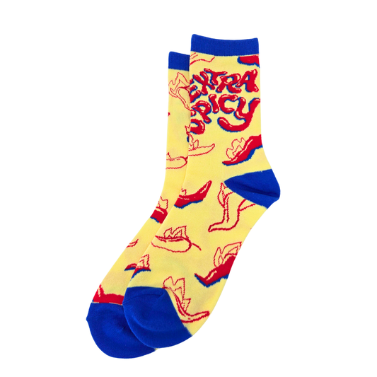 Silly Goose Colorful sock with 'Extra Spicy' text and chili pepper design on a white background