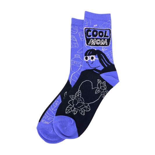 Silly Goose Sock with a design of a woman wearing sunglasses and the text 'Cool Mom' on a white background