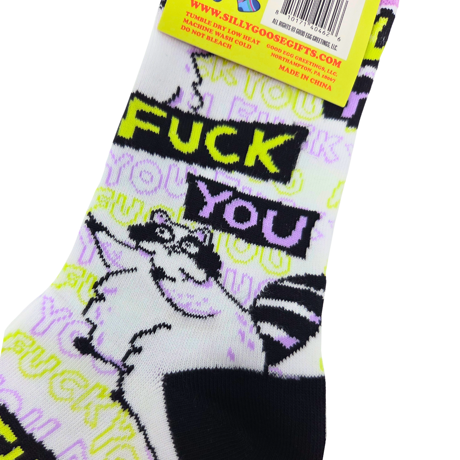 Silly Goose Sock with graphic design and text, featuring a cat and profanity, on a white background.