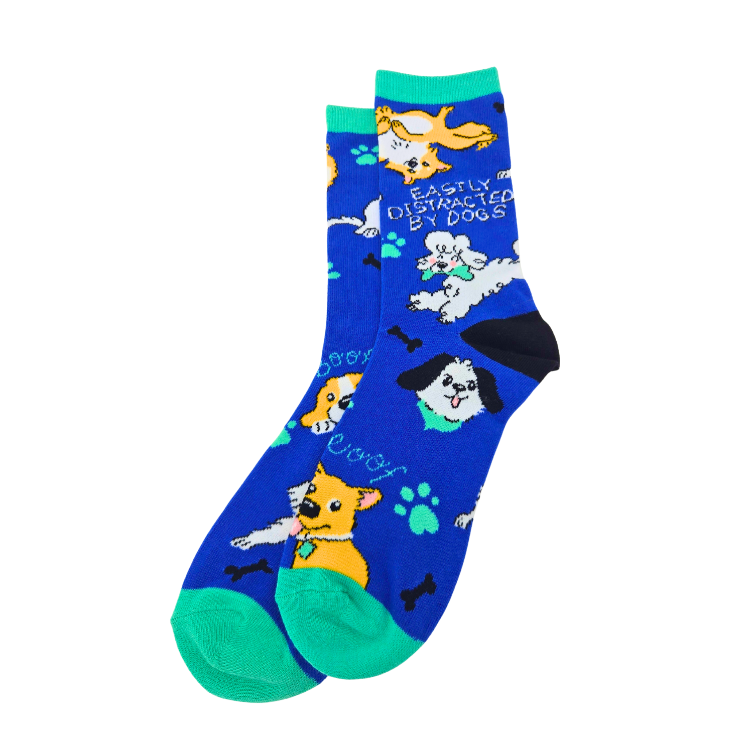 Silly Goose Blue socks with dog illustrations and text on a white background