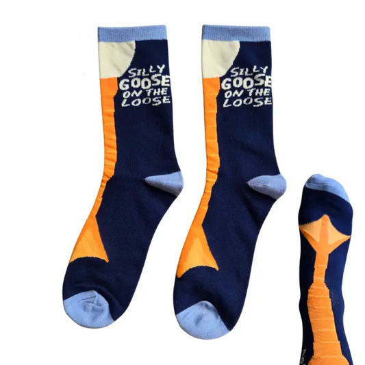 Pair of Silly Goose socks with 'Silly Goose on the Loose' text on a white background