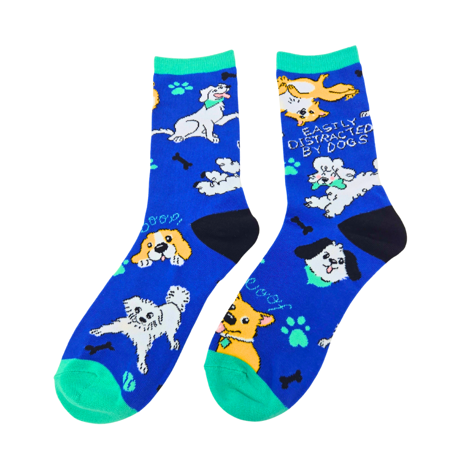 Silly Goose Blue socks with dog illustrations and text on a white background