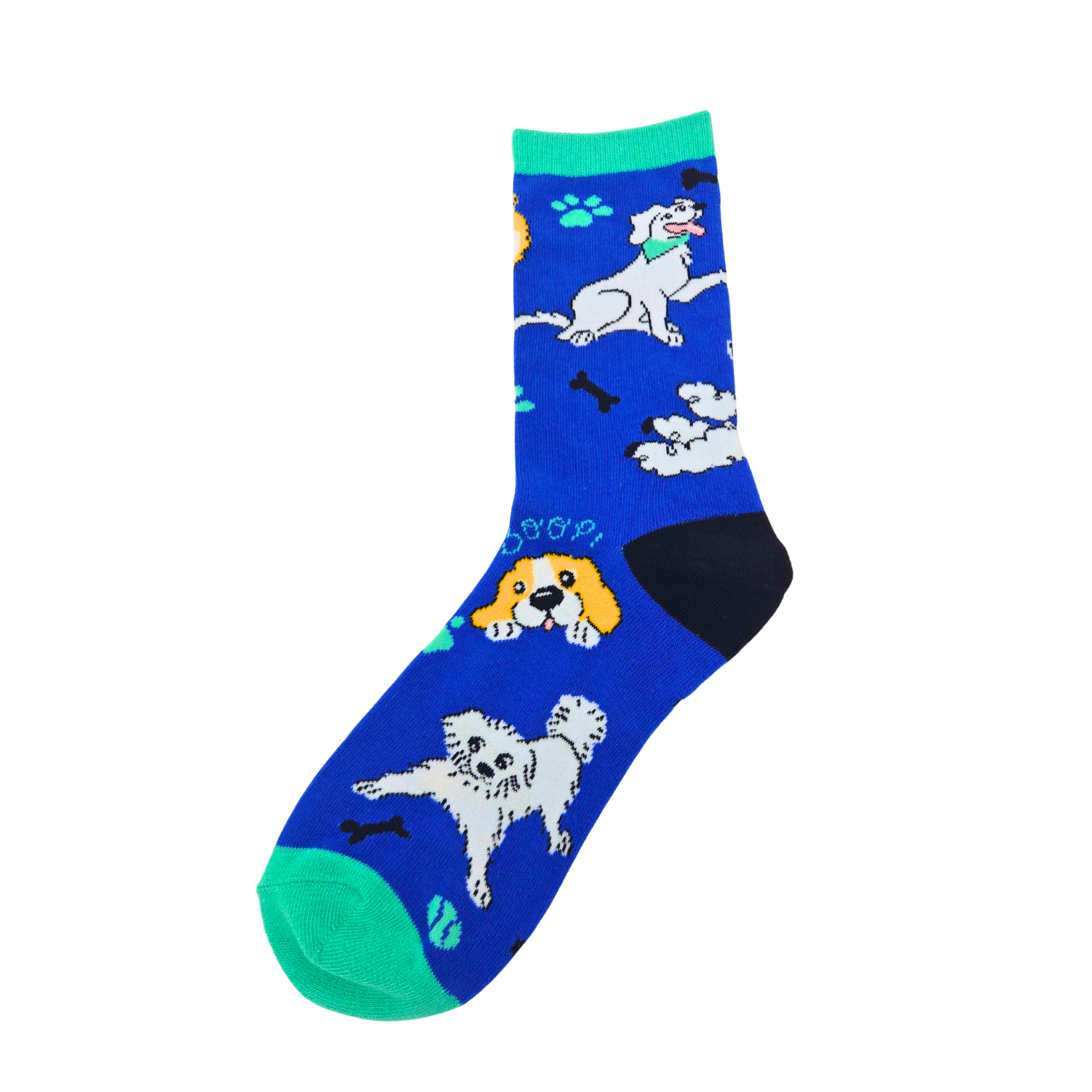 Silly Goose Colorful sock with dog pattern on a white background