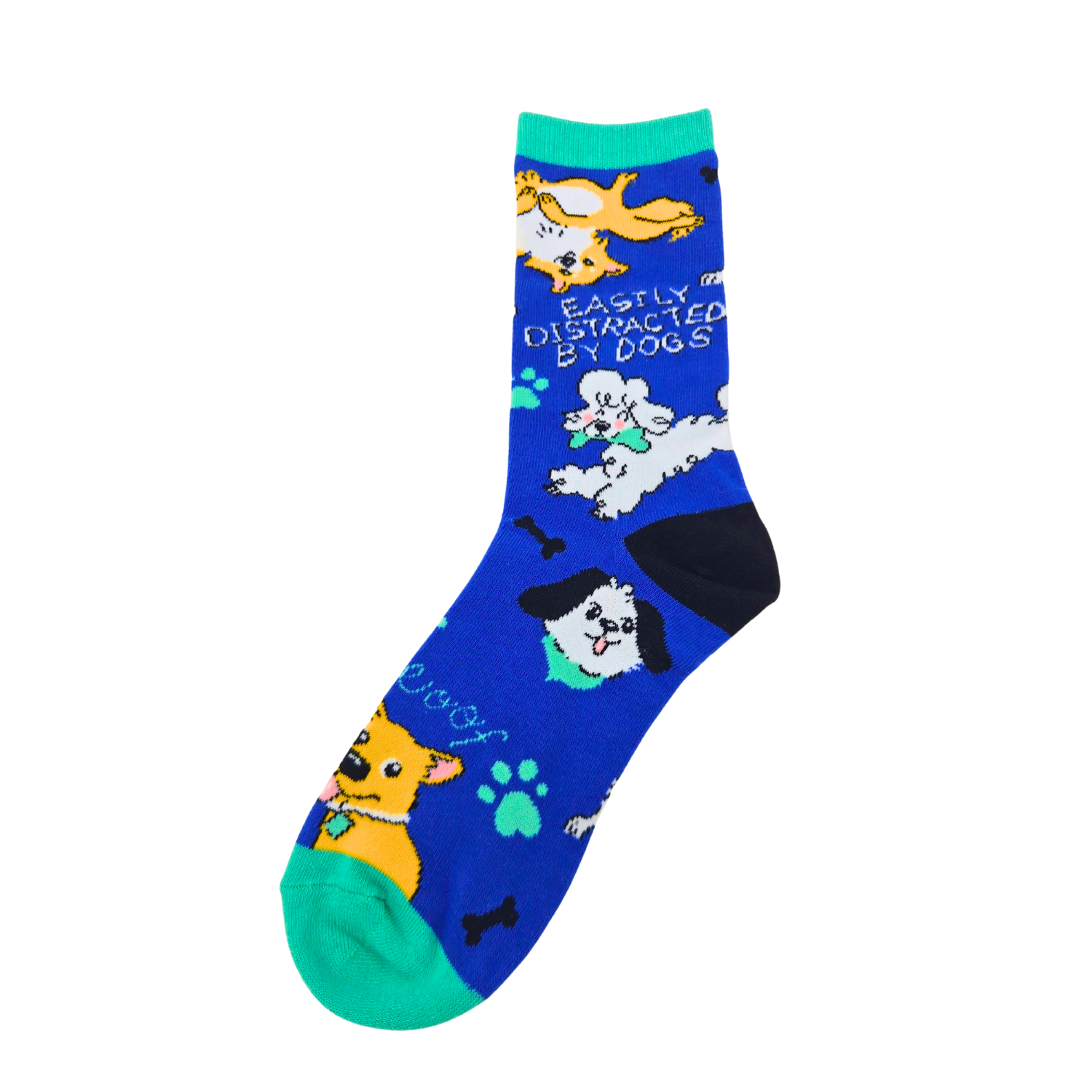 Silly Goose Blue sock with dog illustrations and text on a white background
