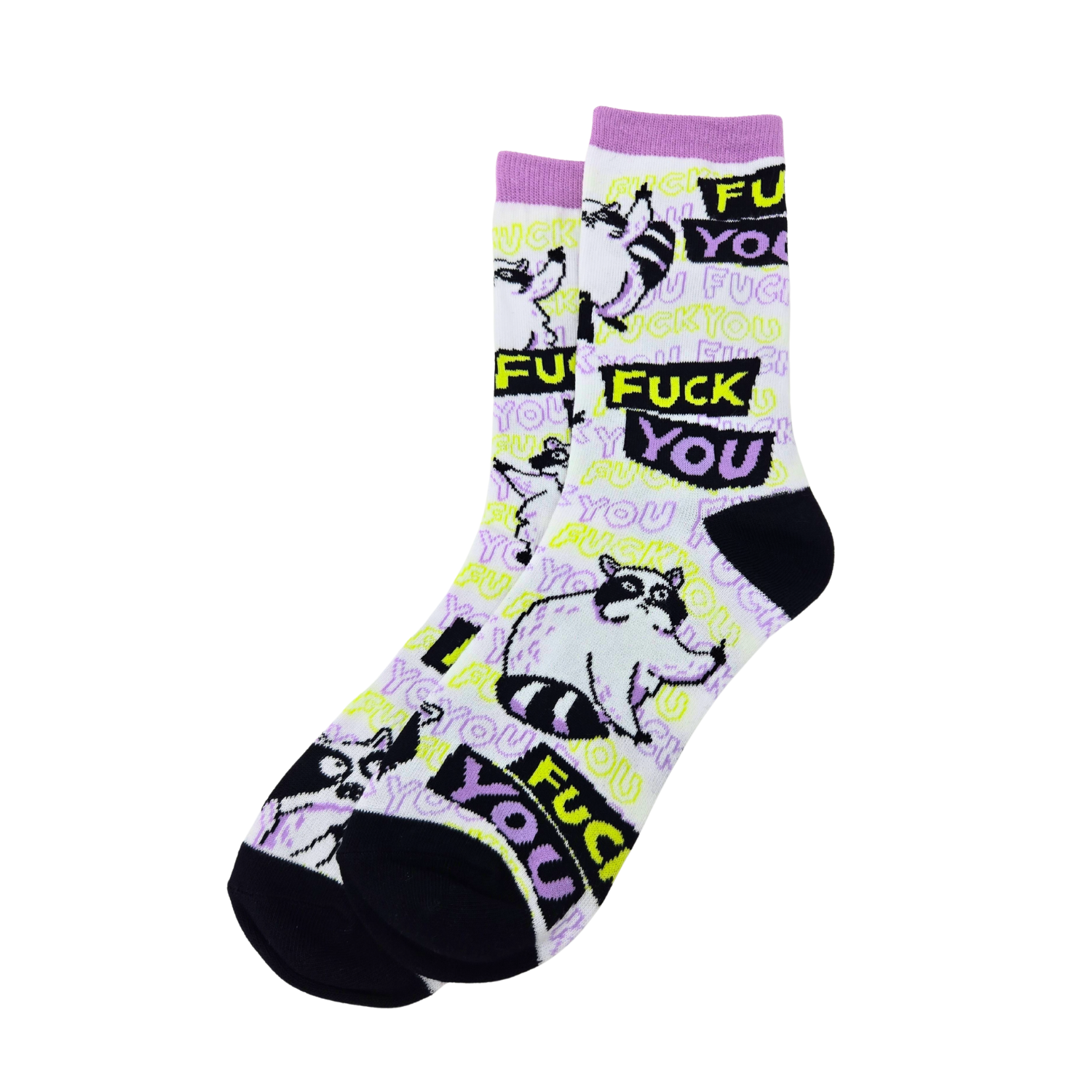 Silly Goose Sock with raccoon design and 'F*ck You' text on a white background