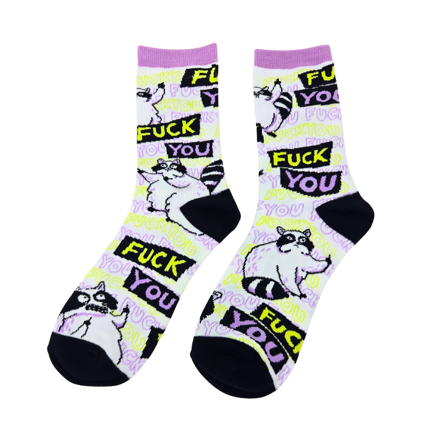 Silly Goose Two socks with raccoon illustrations and 'F*** YOU' text on a white background