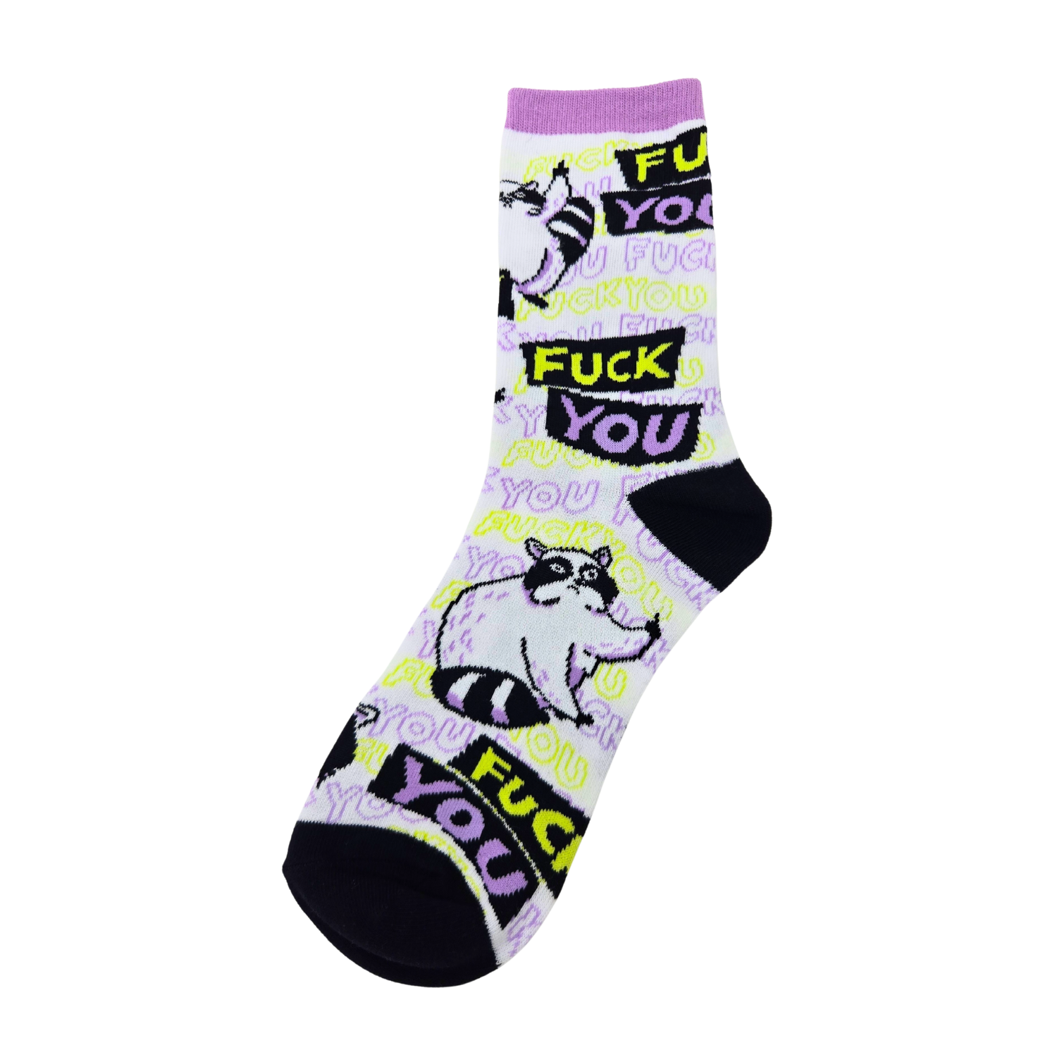 Silly Goose Sock with raccoon design and 'F*** YOU' text on a white background
