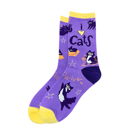 Silly Goose Purple socks with cat designs and 'I love cats' text on a white background