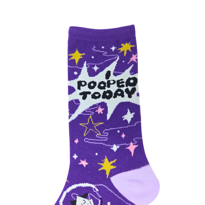 Silly Goose Purple sock with star pattern and 'I Pooped Today' text on a white background