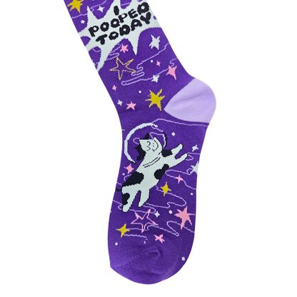 Silly Goose Purple sock with a cat design and text on a white background