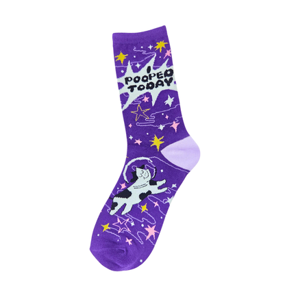 Silly Goose Purple sock with cartoon dog and text 'I pooped today' on a white background