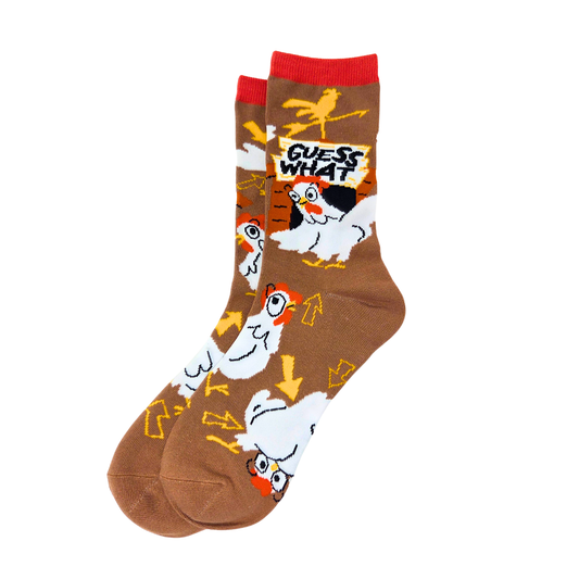 Silly Goose Pair of socks with cartoon chicken design and 'Guess What?' text on a white background
