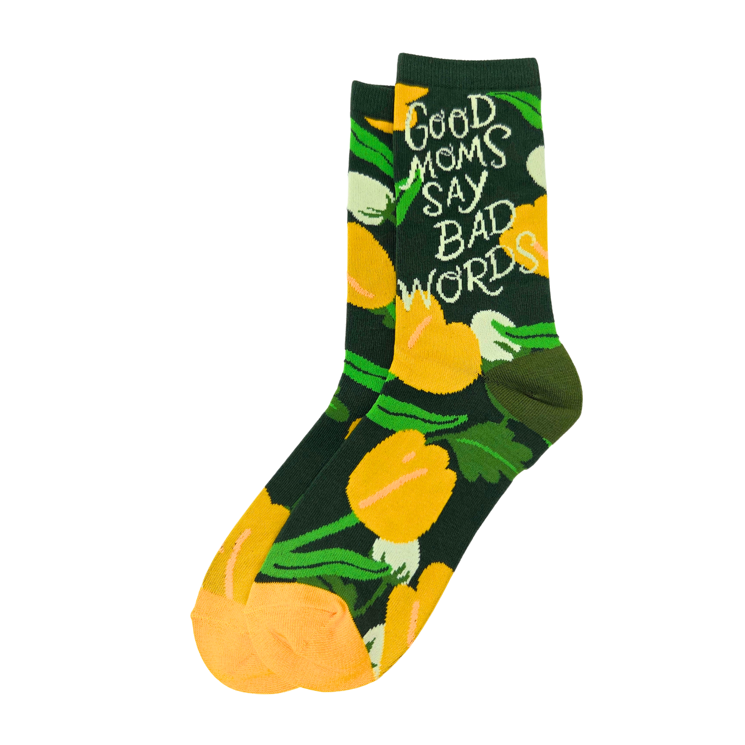 Silly Goose Sock with tulip design and text 'Good moms say bad words' on a white background