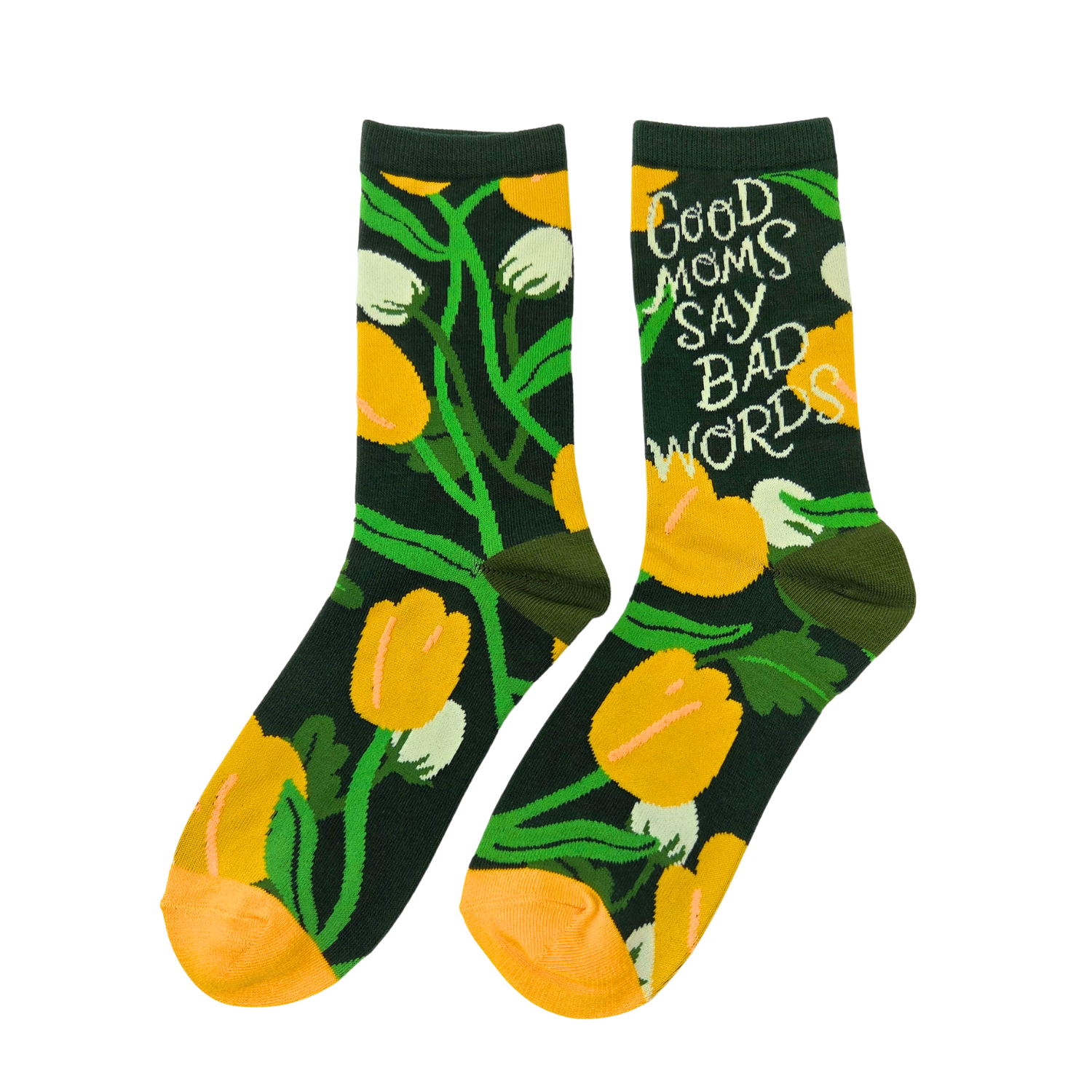Silly Goose Pair of socks with floral design and text on a white background