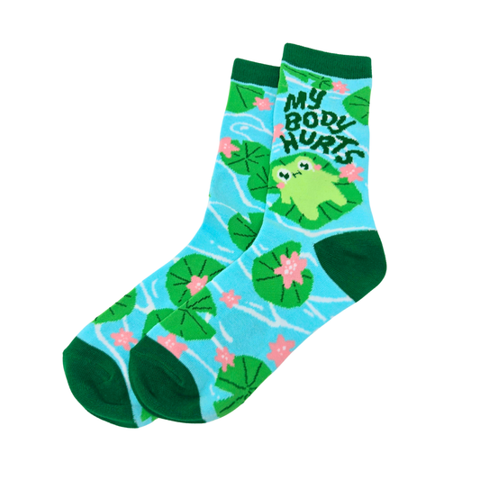 Silly Goose Sock with frog design and text 'My Body Hurts' on a white background