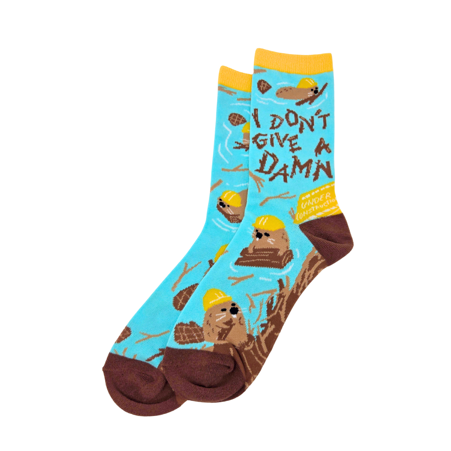 Silly Goose Sock with beaver design and text 'I Don't Give a Damn' on a white background