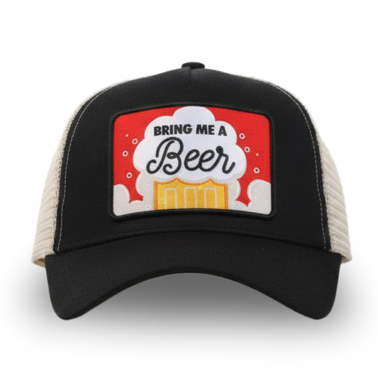 Black and beige Silly Goose cap with 'Bring Me a Beer' patch on a white background