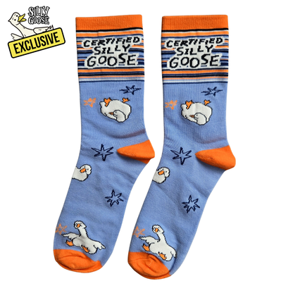 Pair of Silly Goose socks with 'Certified Silly Goose' design on a white background