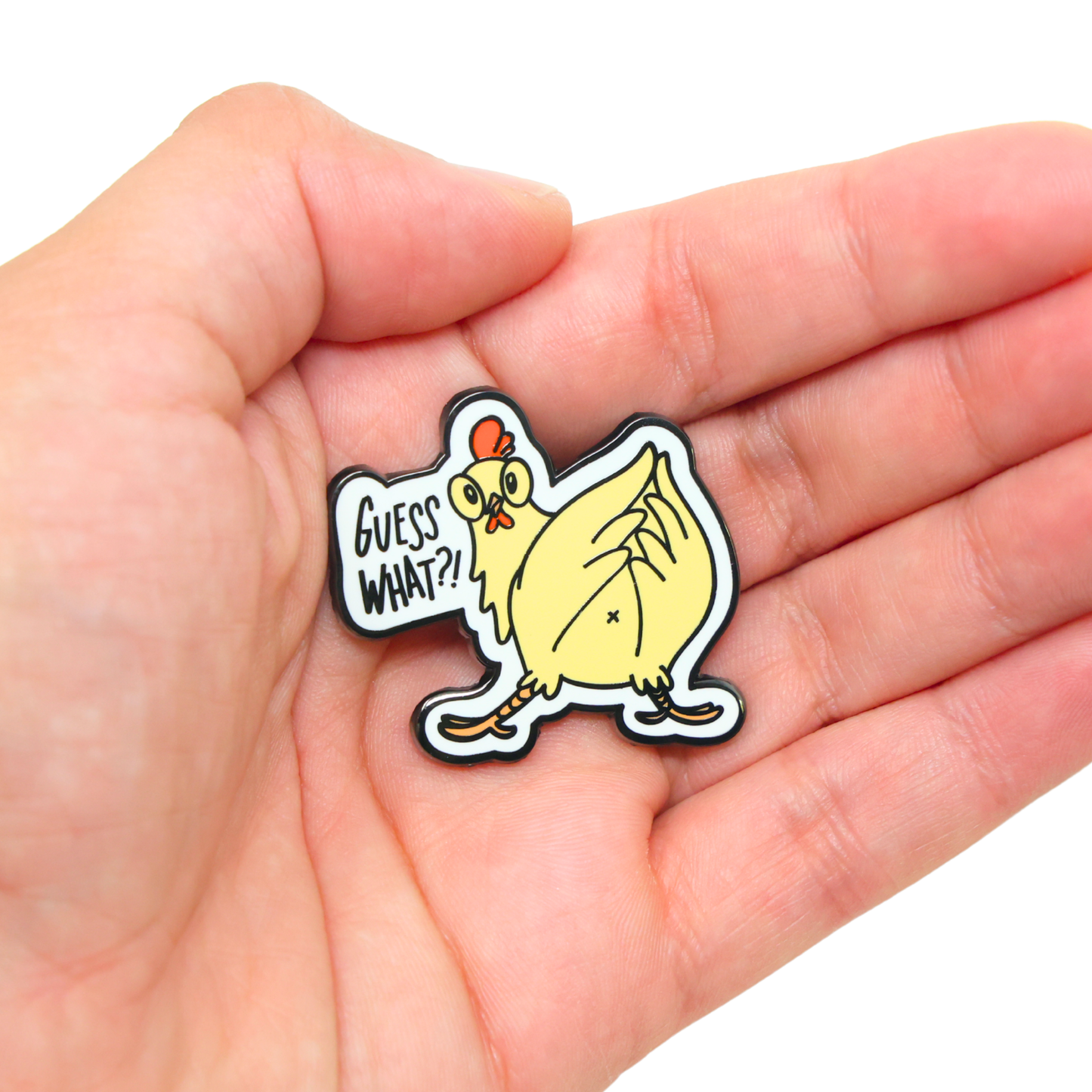 Small Silly Goose enamel pin with cartoon chicken with a speech bubble on a hand