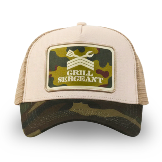 Beige and camouflage Silly Goose trucker hat with 'Grill Sergeant' logo on a white background