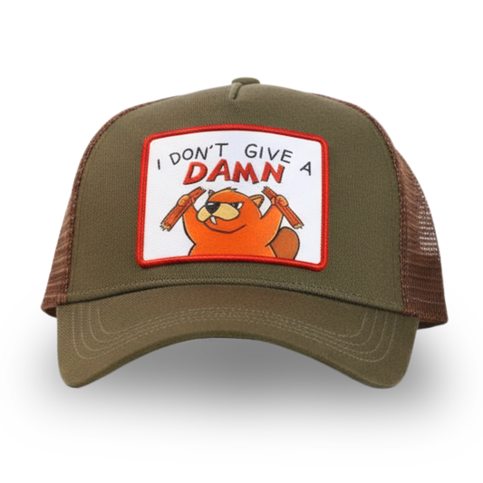 Silly Goose Green trucker hat with a cartoon patch and text on a white background