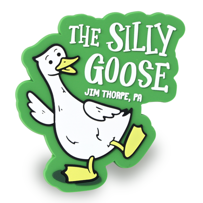 Logo of 'The Silly Goose' with a cartoon goose on a green background