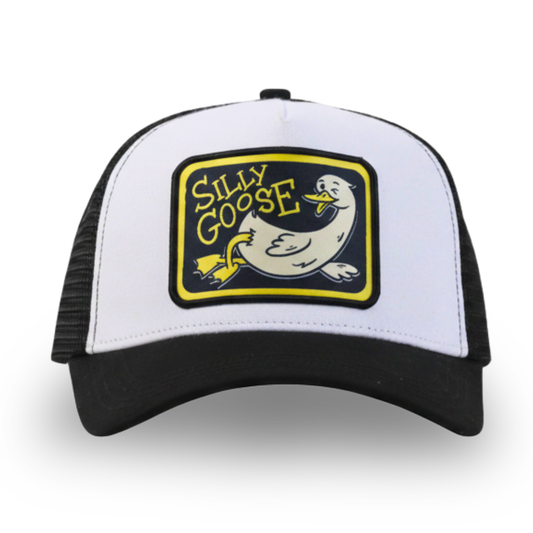 White and black Silly Goose cap with 'Silly Goose' logo on a white background